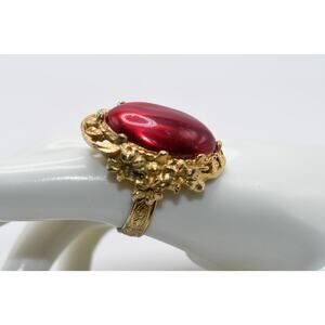 Vintage Red Glass Cabochon Ring Gold Tone Adjustable 1960s Size 8